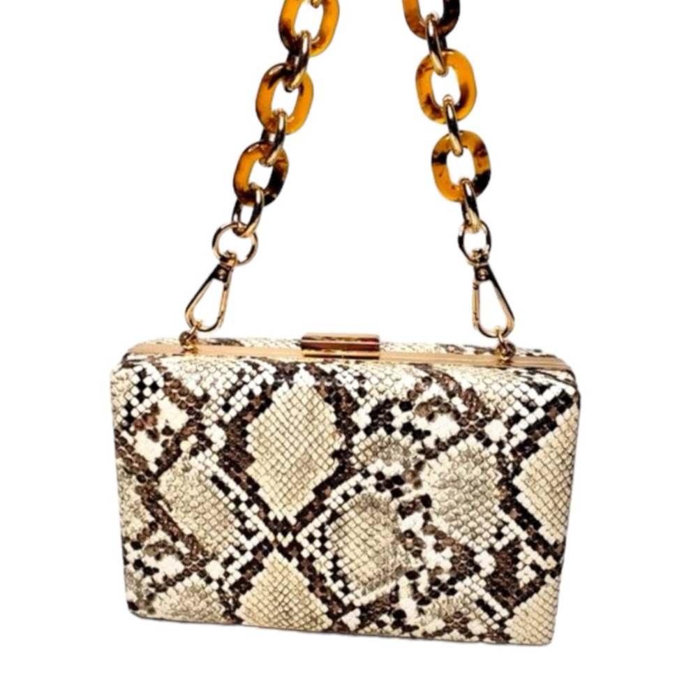 Snakeskin Print Pattern Gold Chain Mini Hardbody Cream Brown Clutch Purse Bag